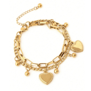 Pulsera Dorada con Cadena Doble y Dije de Corazón